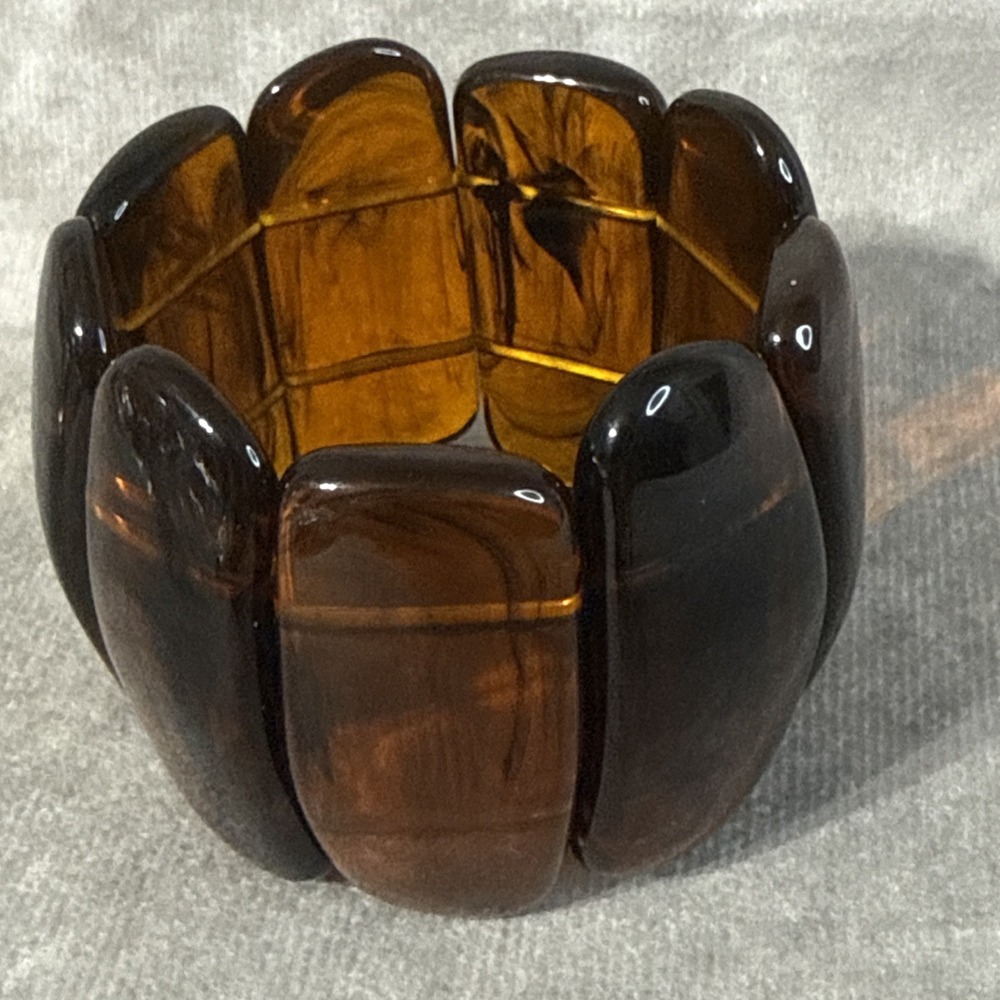 Brown Tortoiseshell Style Chunky Stretch Plastic Bangle Bracelet Rectangle